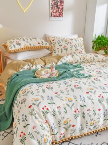 花卉绒球被套套装，可选双人/大号/特大号尺寸，农舍风格床上用品三件套，超柔软透气超细纤维被套，包含1个拉链被套、2个枕套，不含被芯，送给她的礼物 - 彩色 - 查看 2