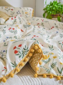 花卉绒球被套套装，可选双人/大号/特大号尺寸，农舍风格床上用品三件套，超柔软透气超细纤维被套，包含1个拉链被套、2个枕套，不含被芯，送给她的礼物 - 彩色 - 查看 4