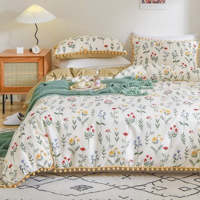 花卉绒球被套套装，可选双人/大号/特大号尺寸，农舍风格床上用品三件套，超柔软透气超细纤维被套，包含1个拉链被套、2个枕套，不含被芯，送给她的礼物