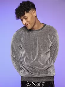 FeverCity Men Drop Shoulder Glitter Sweatshirt - Silver - View 1