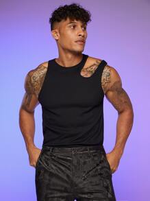 FeverCity Men Asymmetrical Neck Tank Top - Black - View 2