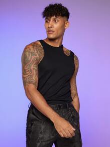 FeverCity Men Asymmetrical Neck Tank Top - Black - View 6