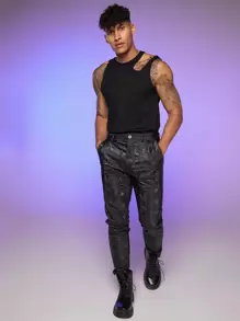 FeverCity Men Asymmetrical Neck Tank Top - Black - View 7