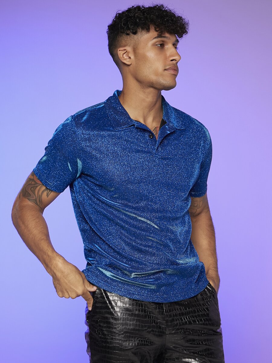 Manfinity VCAY Men Glitter Polo Shirt - Blue - View 1