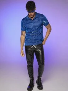 Manfinity VCAY Men Glitter Polo Shirt - Blue - View 3