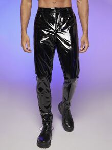 GENTILAND Men Slant Pocket Holographic Trousers - Black - View 1