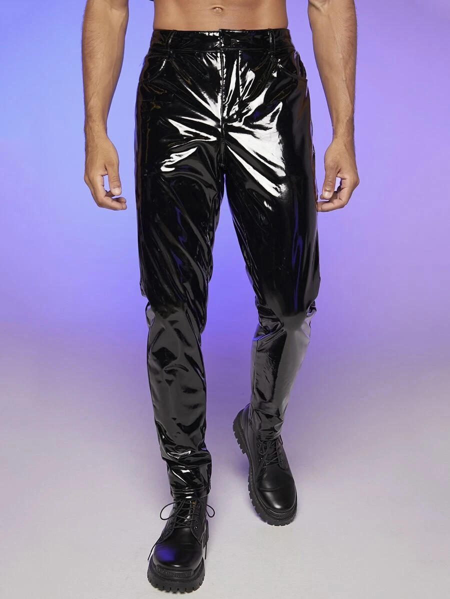 GENTILAND Men Slant Pocket Holographic Trousers - Black - View 1