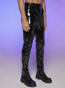 GENTILAND Men Slant Pocket Holographic Trousers - Black - View 4