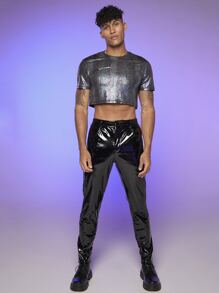 GENTILAND Men Slant Pocket Holographic Trousers - Black - View 5