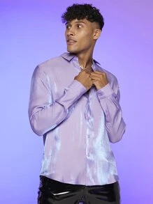 Manfinity RebelGame Loose Fit Solid Color Button Front Long Sleeve Casual Shirt For Men - Lilac Purple - View 1