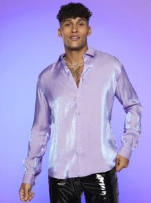 Manfinity RebelGame Loose Fit Solid Color Button Front Long Sleeve Casual Shirt For Men - Lilac Purple - View 5