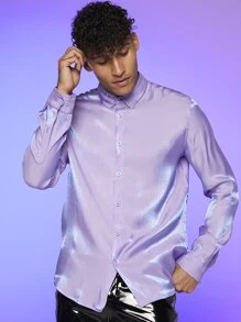 Manfinity RebelGame Loose Fit Solid Color Button Front Long Sleeve Casual Shirt For Men - Lilac Purple - View 6