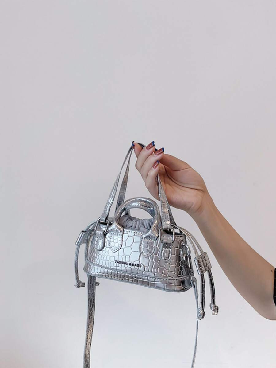 Nhẹ, thông thường dành cho doanh nhân, chi tiết chữ nhỏ bằng kim loại, túi đựng thiết kế dây rút dập nổi cá sấu dành cho nữ tuổi teen sinh viên đại học, tân binh và nhân viên cổ trắng Hoàn hảo cho văn phòng, đại học, công việc, kinh doanh, đi làm, ngoài trời, du lịch, đi chơi, sôi nổi, Punk & túi Dành cho trang phục dạo phố - Bạc - Xem 1