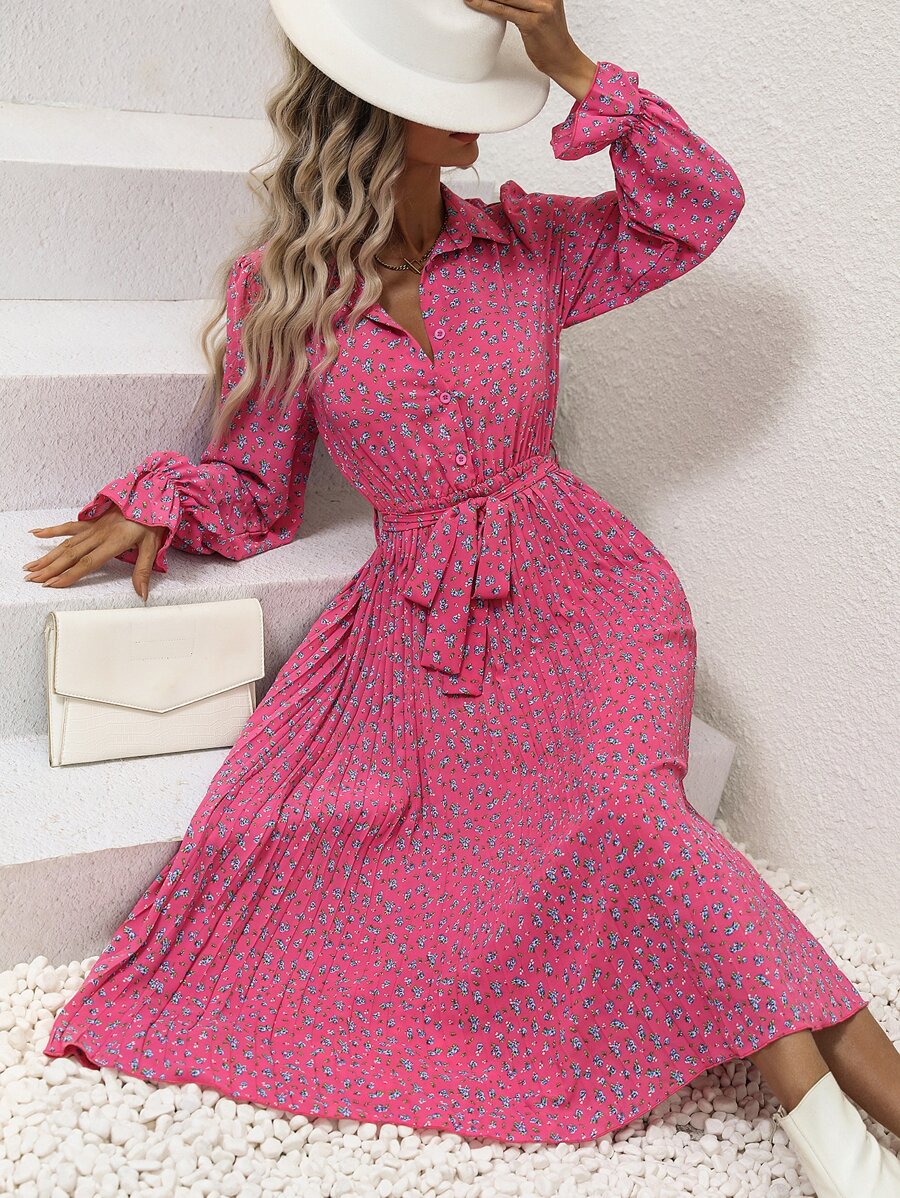 Breezaya 小碎花荷葉袖百褶下擺腰帶襯衫洋裝