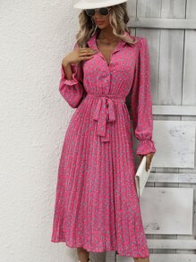 Breezaya 小碎花荷葉袖百褶下擺腰帶襯衫洋裝