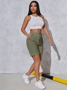 SHEIN SXY Quần đùi nữ Túi Dây kéo màu trơn Giải trí - xanh quân đội - Xem 1