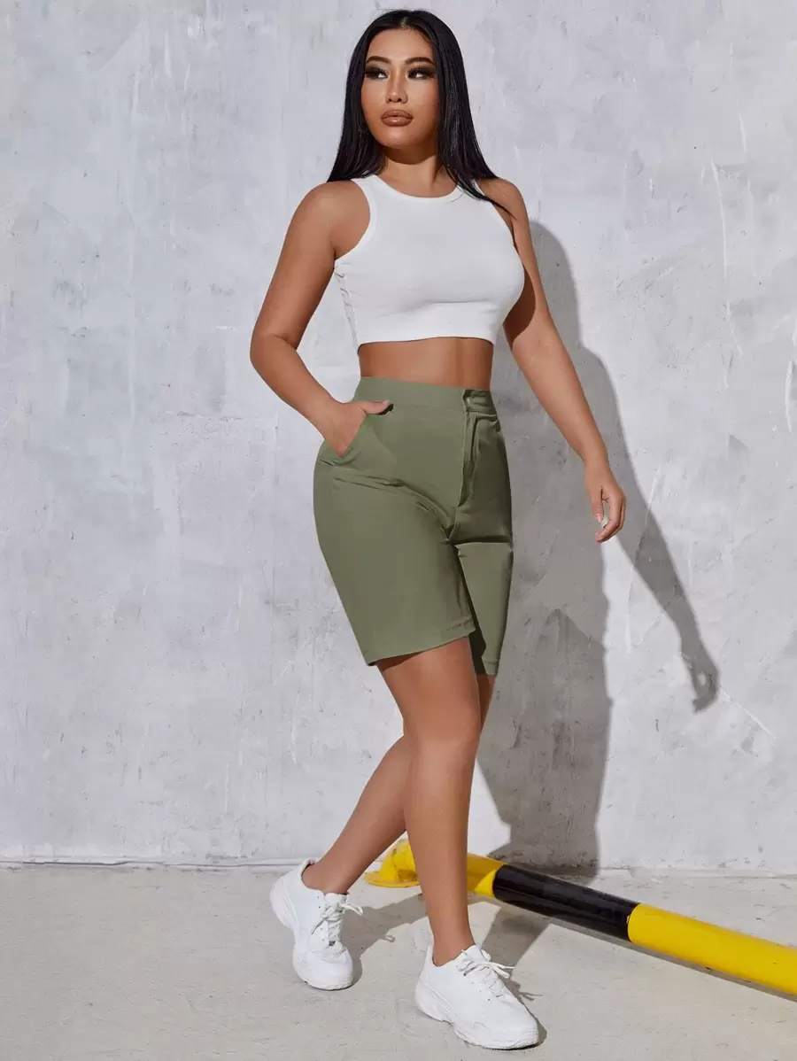 SHEIN SXY Quần đùi nữ Túi Dây kéo màu trơn Giải trí - xanh quân đội - Xem 1