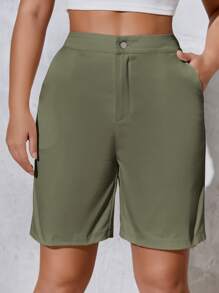 SHEIN SXY Quần đùi nữ Túi Dây kéo màu trơn Giải trí - xanh quân đội - Xem 3