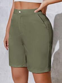 SHEIN SXY Quần đùi nữ Túi Dây kéo màu trơn Giải trí - xanh quân đội - Xem 5