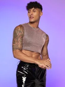 FeverCity Men Glitter Crop Tank Top - Pink - View 3