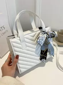 Chevron Detail Skinny Scarf Decor Square Bag - White - View 1