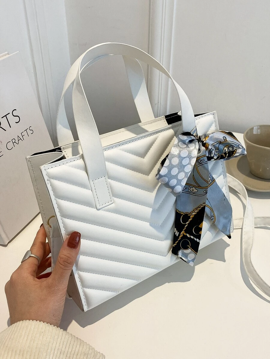 Chevron Detail Skinny Scarf Decor Square Bag - White - View 1