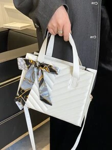Chevron Detail Skinny Scarf Decor Square Bag - White - View 8