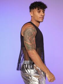 FeverCity Men Fringe Hem Tank Top - Black - View 4
