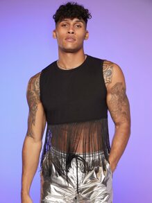 FeverCity Men Fringe Hem Tank Top - Black - View 6