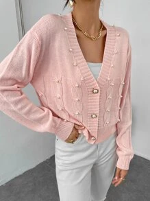 Pearl Detail Cable Knit Drop Shoulder Cardigan - Baby Pink - View 3