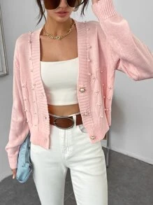 Pearl Detail Cable Knit Drop Shoulder Cardigan - Baby Pink - View 1