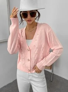 Pearl Detail Cable Knit Drop Shoulder Cardigan - Baby Pink - View 5