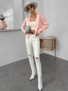 Pearl Detail Cable Knit Drop Shoulder Cardigan - Baby Pink - View 6