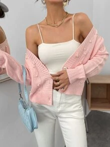 Pearl Detail Cable Knit Drop Shoulder Cardigan - Baby Pink - View 7