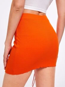 SHEIN BAE Neon Orange Drawstring Waist Lettuce Trim Skirt - Orange - View 2