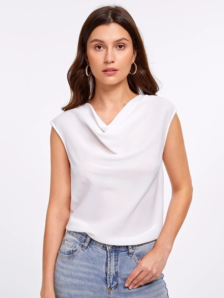 SHEIN Privé Draped Collar Solid Blouse - White - View 1