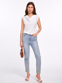 SHEIN Privé Draped Collar Solid Blouse - White - View 5