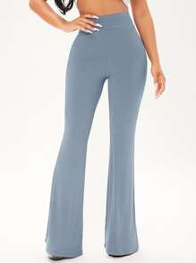 SHEIN SXY Quần nữ Gân đan màu trơn Giải trí - Màu xanh bụi bặm - Xem 3