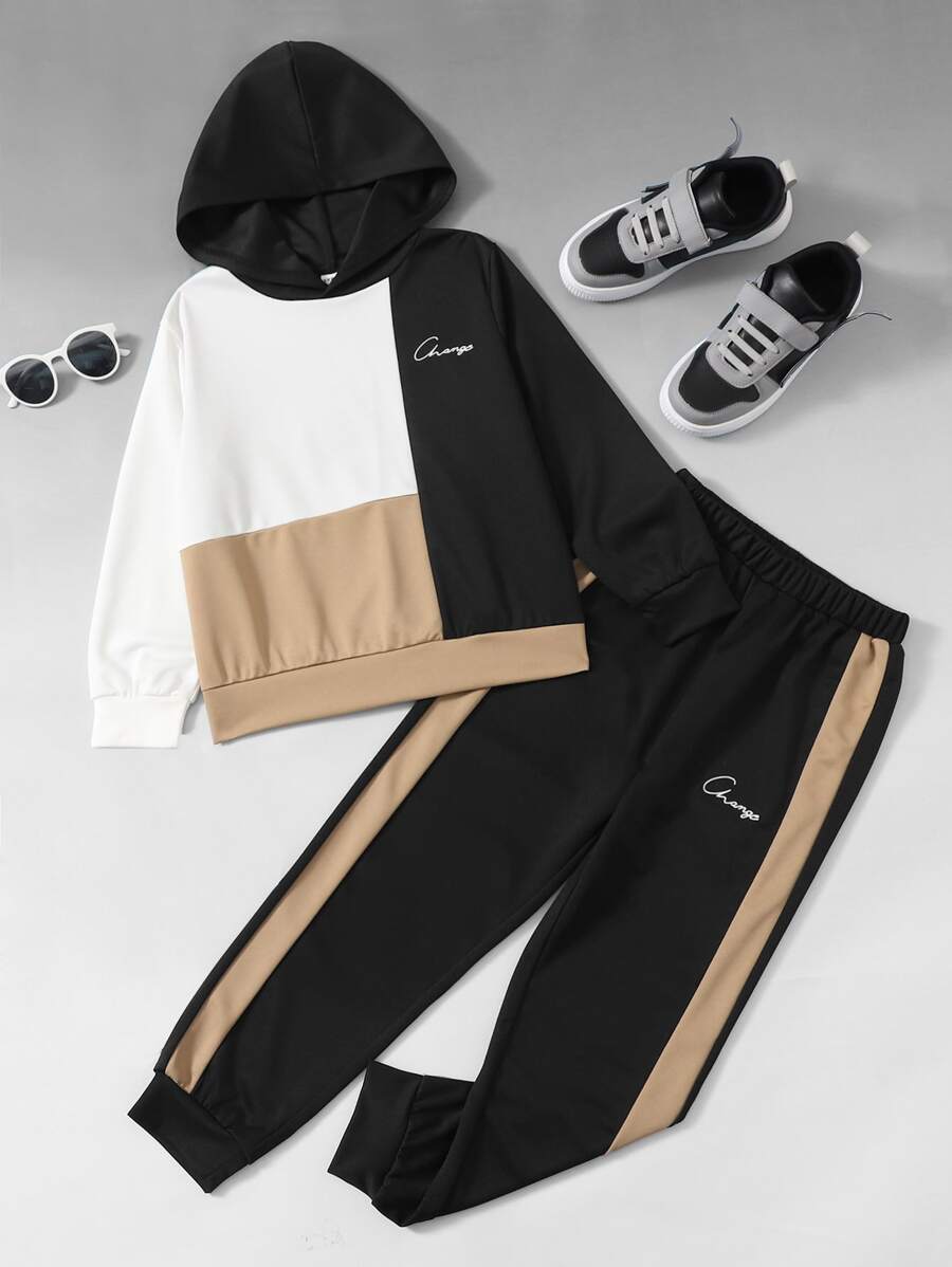 SHEIN Boys Letter Graphic Colourblock Hoodie & Joggers - Multicolor - View 1