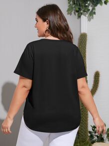 SHEIN LUNE Áo thun Plus size Nút màu trơn Giải trí - màu đen - Xem 2