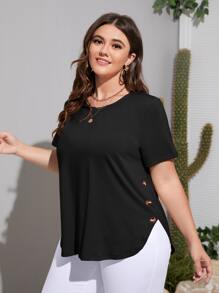 SHEIN LUNE Áo thun Plus size Nút màu trơn Giải trí - màu đen - Xem 4