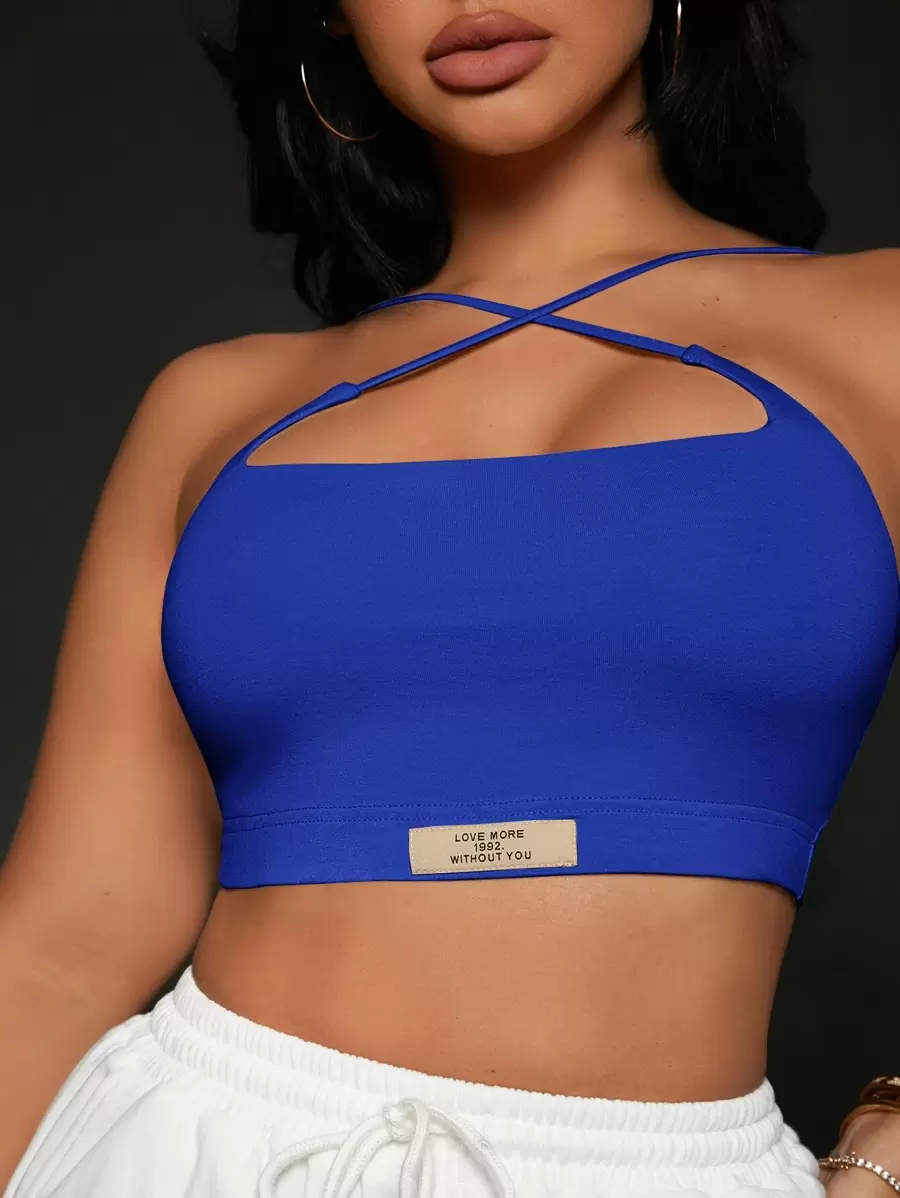 SHEIN SXY 交叉字母貼布短款上衣 - 寶藍色 - 查看 1
