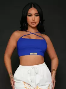 SHEIN SXY 交叉字母貼布短款上衣 - 寶藍色 - 查看 3