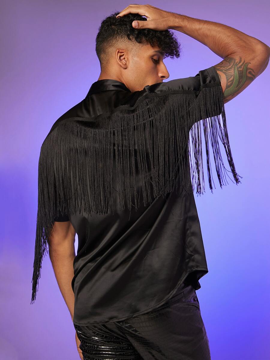 FeverCity Men Fringe Trim Shirt - Black - View 1