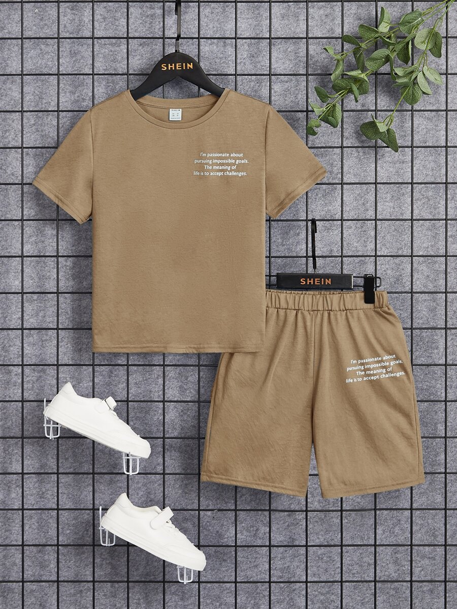 SHEIN Boys Slogan Graphic Tee & Track Shorts - Khaki - View 1