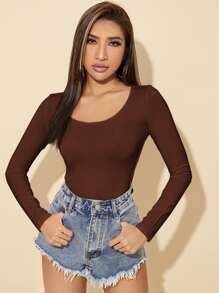 SHEIN PETITE Áo thun nữ màu trơn Giải trí - Cà phê nâu - Xem 1