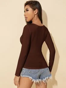 SHEIN PETITE Áo thun nữ màu trơn Giải trí - Cà phê nâu - Xem 2