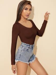 SHEIN PETITE Áo thun nữ màu trơn Giải trí - Cà phê nâu - Xem 3