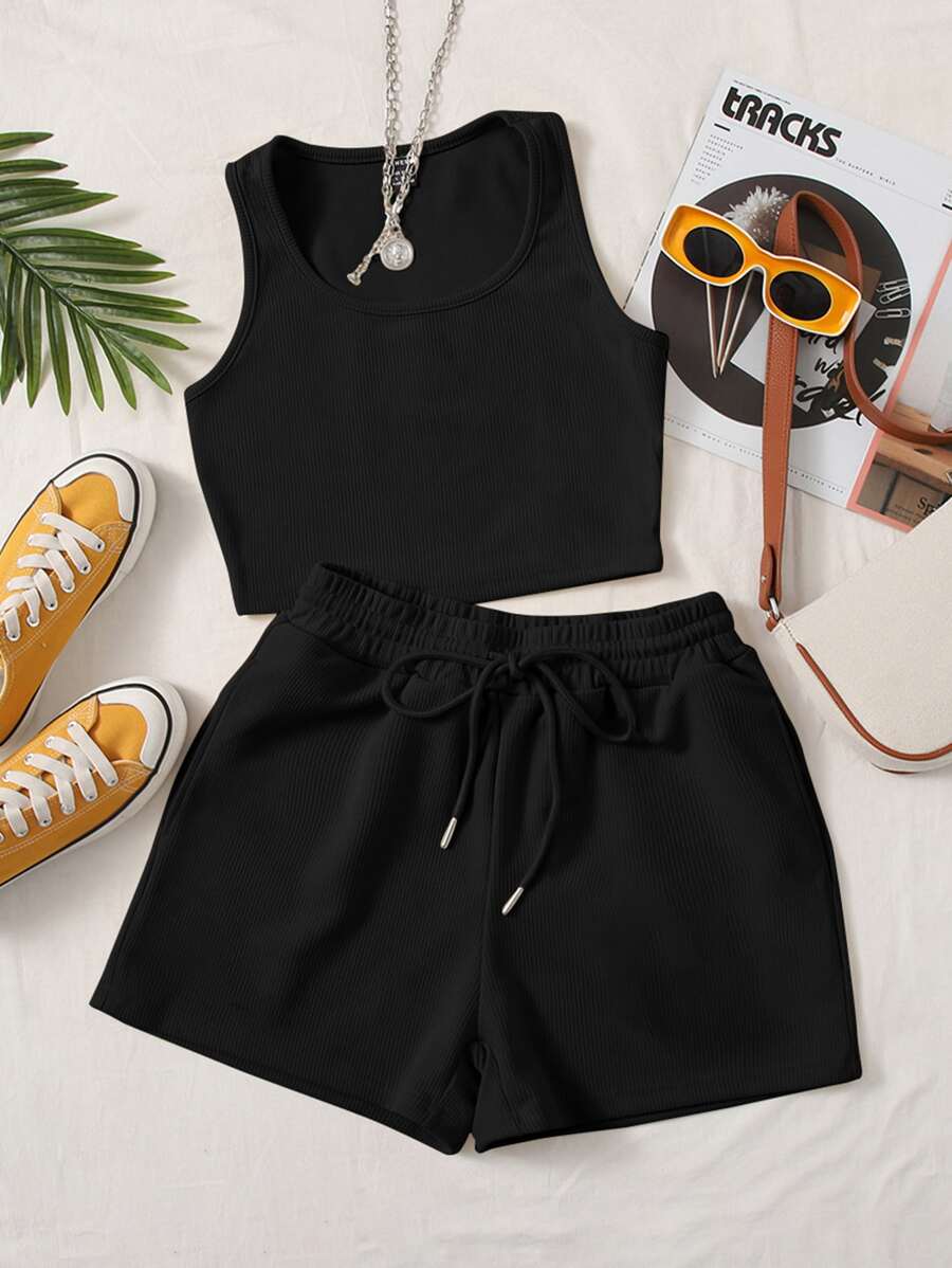 SHEIN EZwear Scoop Neck Tank Top And Track Shorts Two Pieces - Black - View 1