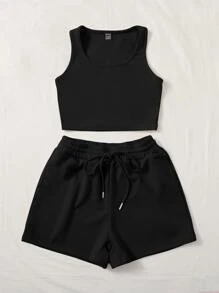 SHEIN EZwear Scoop Neck Tank Top And Track Shorts Two Pieces - Black - View 3